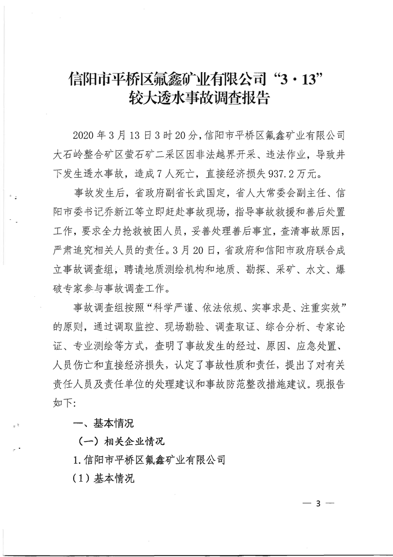 信陽市平橋區氟鑫礦業有限公司"3·13" 較大透水事故調查報告
