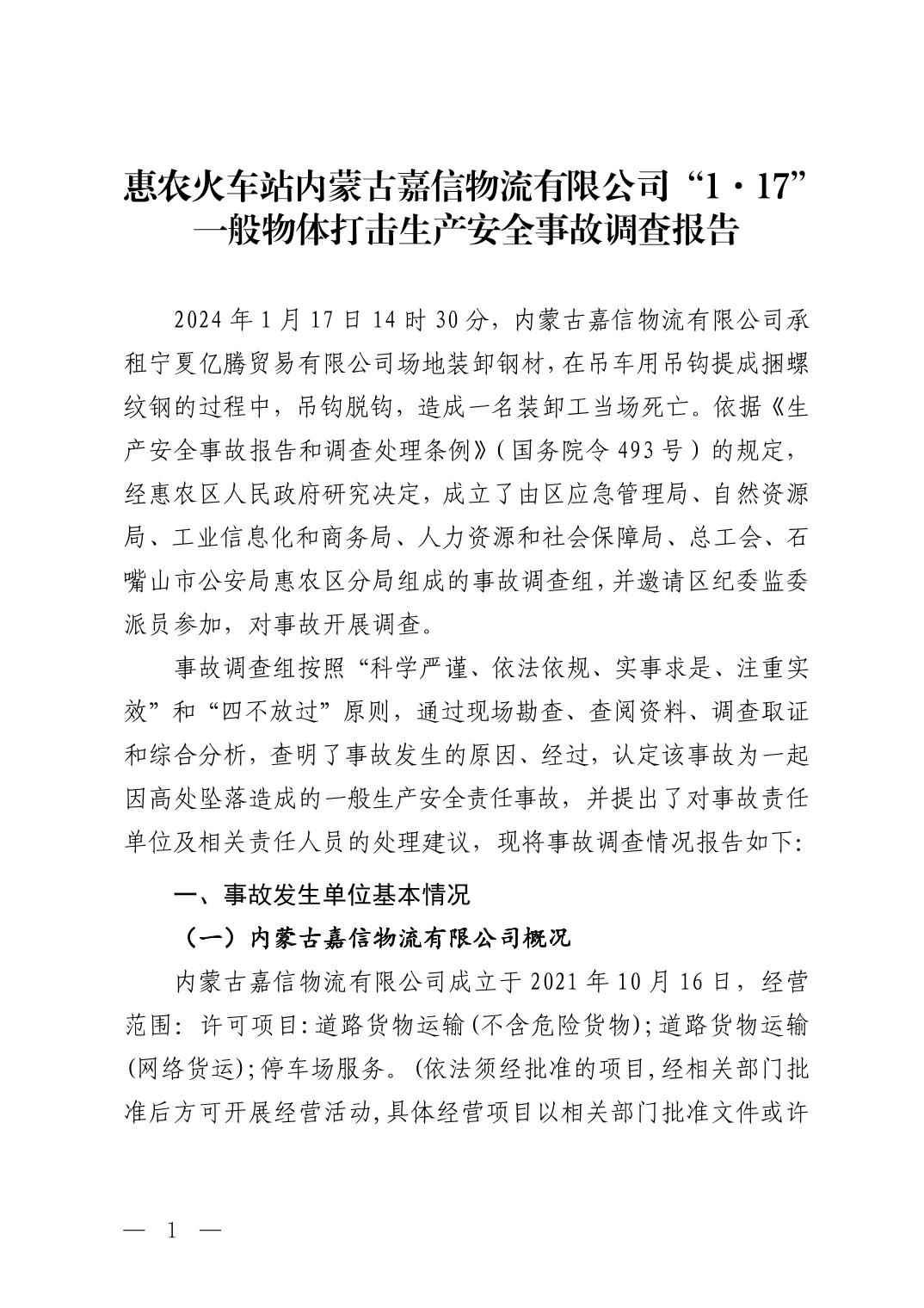 惠農火車站內蒙古嘉信物流有限公司“1·17”一般物體打擊生產安全事故調查報告