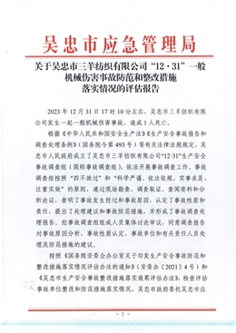 吳忠市三羊紡織有限公司“12.31”一般機(jī)械傷害事故防范和整改措施落實(shí)情況的評(píng)估報(bào)告