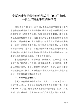 寧夏天凈隆鼎碳化硅有限公司“9.15”觸電一般生產(chǎn)安全事故調(diào)查報(bào)告