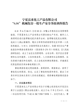 寧夏富來化工產(chǎn)品有限公司“8.28”機(jī)械傷害一般生產(chǎn)安全事故調(diào)查報(bào)告