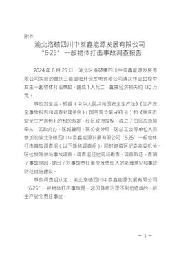 渝北洛磧四川中泰鑫能源發展有限公司“6·25”一般物體打擊事故調查報告