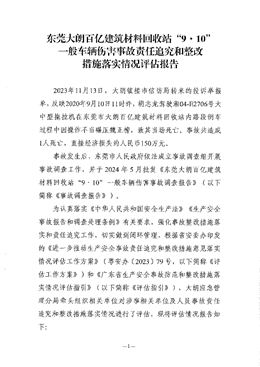 東莞大朗百億建筑材料回收站“9·10”一般車輛傷害事故責任追究和整改落實措施情況評估報告