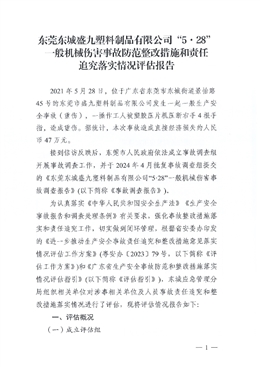 東莞東城盛九塑料制品有限公司“5·28”一般機械傷害事故防范整改措施和責任追究落實情況評估報告
