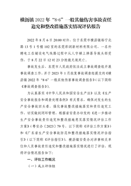 橫瀝鎮2022年“8·6”一般其他傷害事故責任追究和整改措施落實情況評估報告