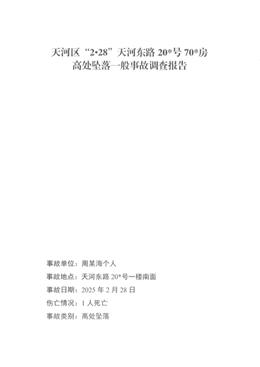 天河區“2·28”天河東路208號703房高處墜落一般事故調查報告